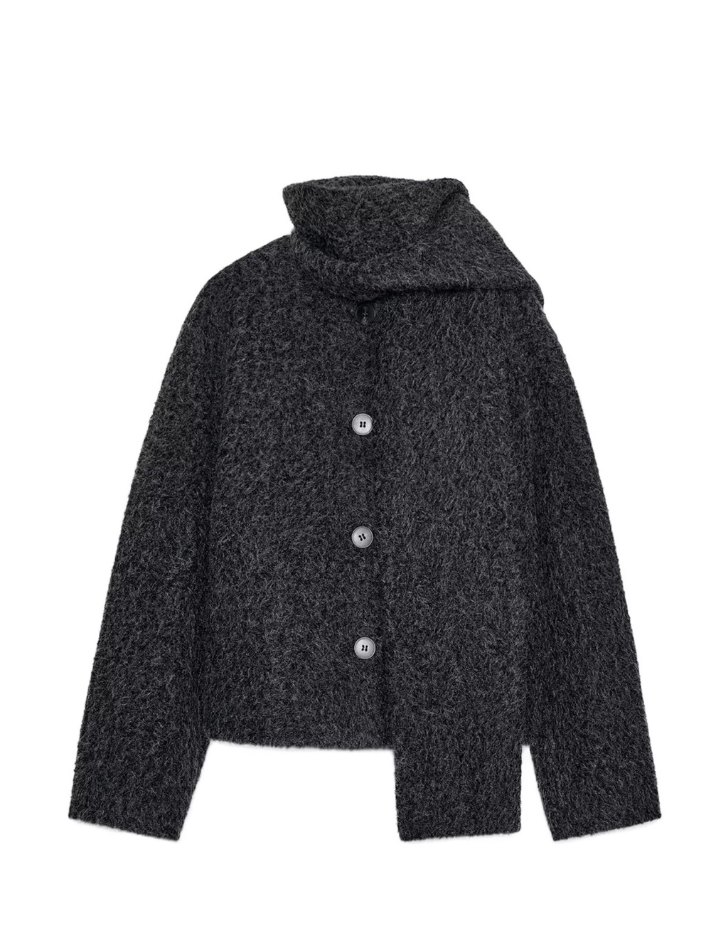 Zara Charcoal Textured Women's Button-Front scarf Jacket